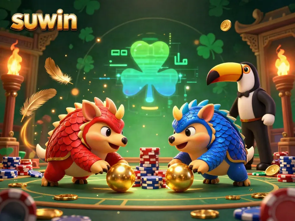 Suwin captures the excitement of gambling with rival pangolins bowling through poker chips in a vibrant casino.