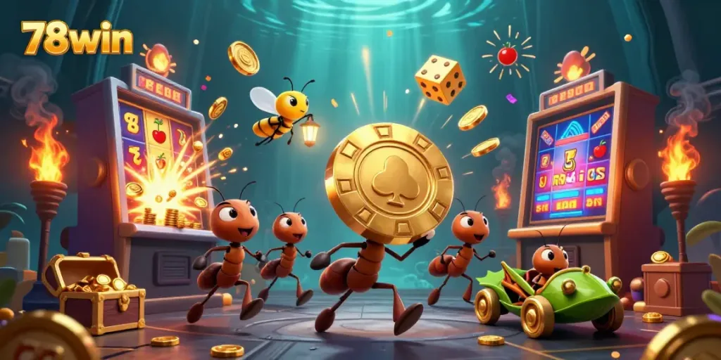Experience thrilling jackpots at 78win with ants stealing giant poker chips amidst dynamic casino elements.