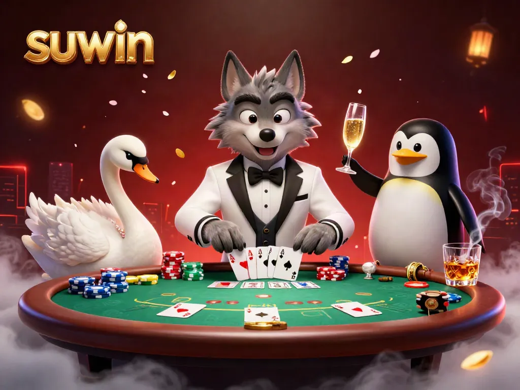 Suwin captivates with cartoon characters playing cards at an exciting baccarat table.