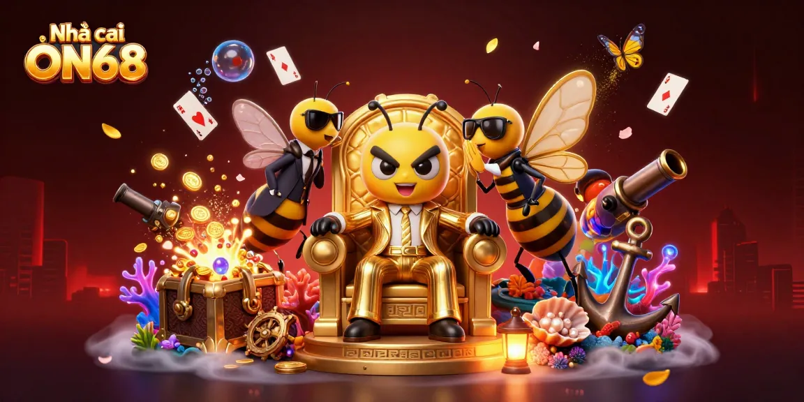 Vibrant scene showcasing Nhà cái ON68's dynamic casino universe, featuring a mob boss and gaming elements.