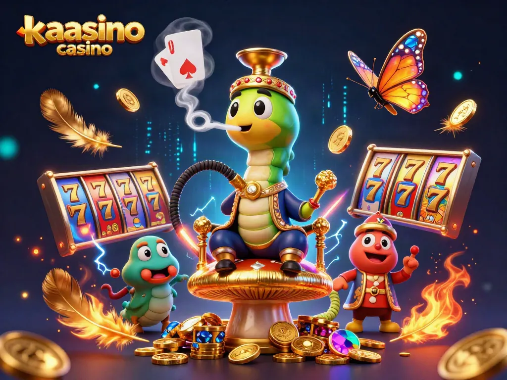 Kaasino casino players enjoying a vibrant 3D illustration of a caterpillar hookah-master amidst dynamic betting symbols and particles.