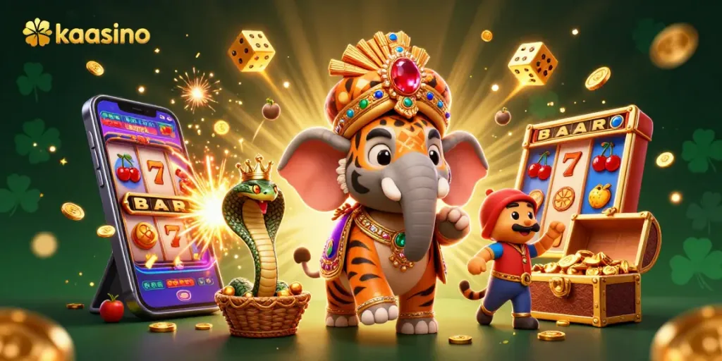 Kaasino offers an engaging casino experience with dynamic gameplay featuring a maharaja, elephant, and vibrant slot symbols.