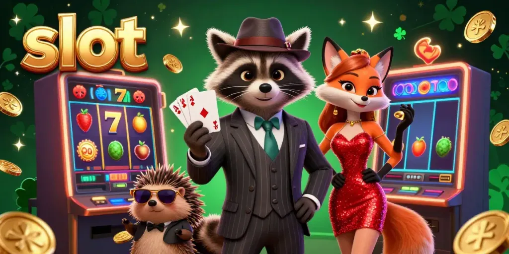 Experience thrilling slot action with a raccoon holding a royal flush, joined by a fox and hedgehog in a lively casino scene.