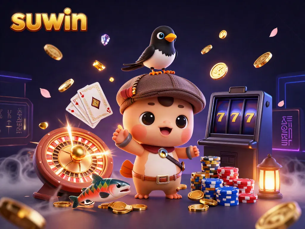 Play slots and win big with suwin, featuring vibrant cartoon characters engaging in energetic casino action.