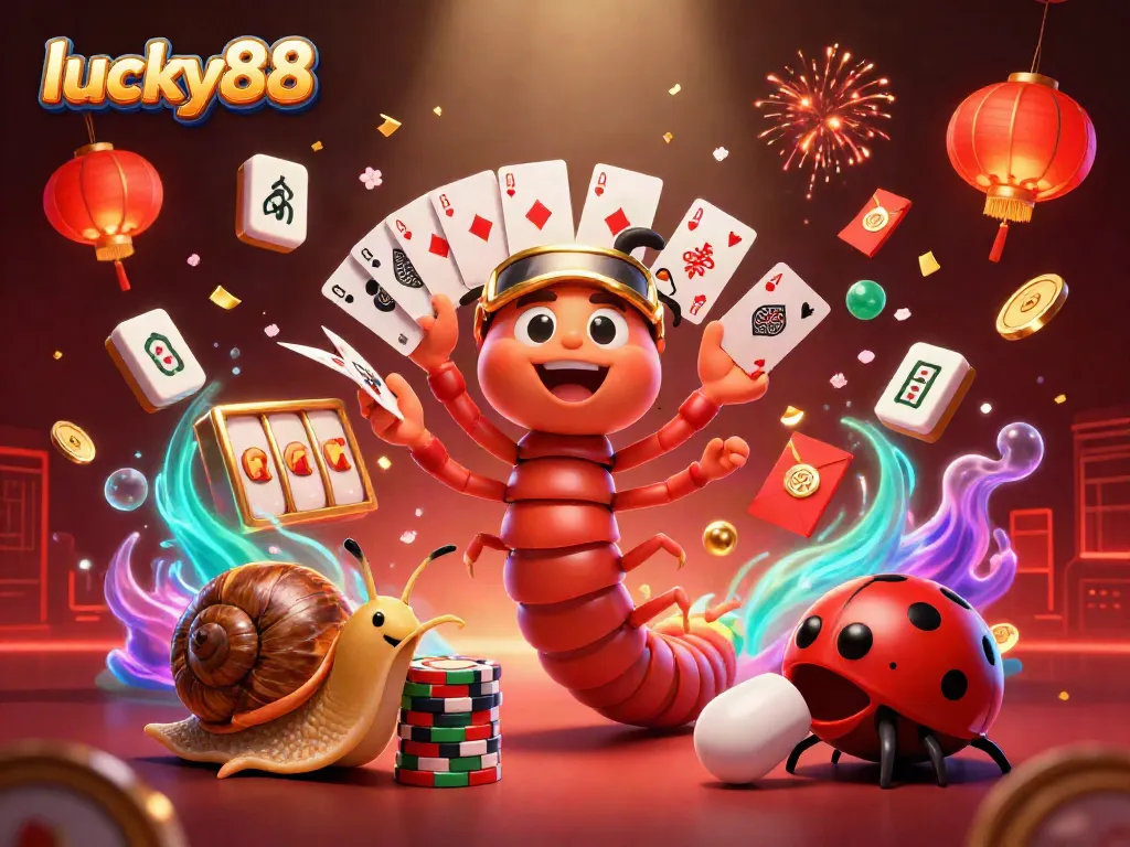 Experience lucky88 wins with a vibrant casino scene featuring a millipede dealer and high-roller snail.