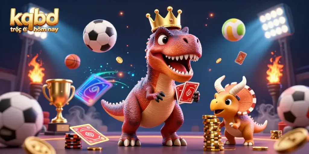 A dynamic scene illustrating kqbd trực tiếp hôm nay with a T-Rex shuffling cards and sports balls flying around.