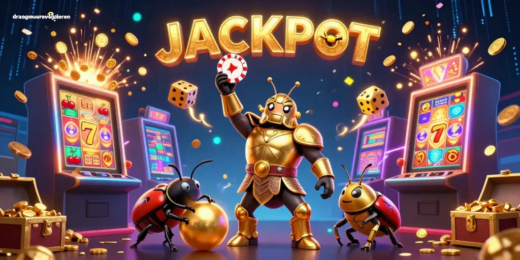 Draagmuur verwijderen met een groep cartooninsecten in een casinothema, inclusief pokerchip en jackpot.