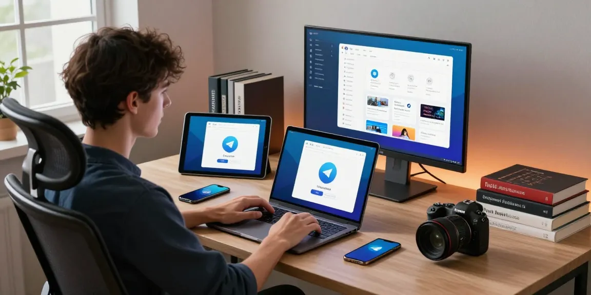 Downloading Telegram on a laptop in a bright digital workspace with modern tech gadgets.