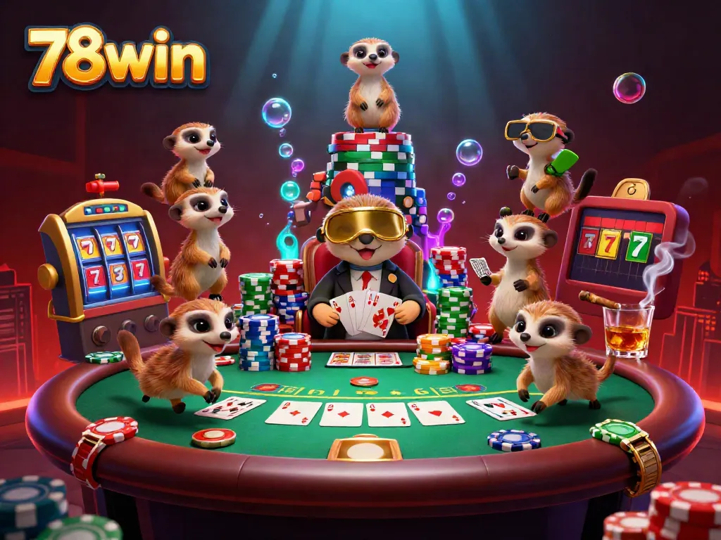 Experience the vibrant, thrilling 78win casino scene with meerkats managing an elaborate gaming environment.