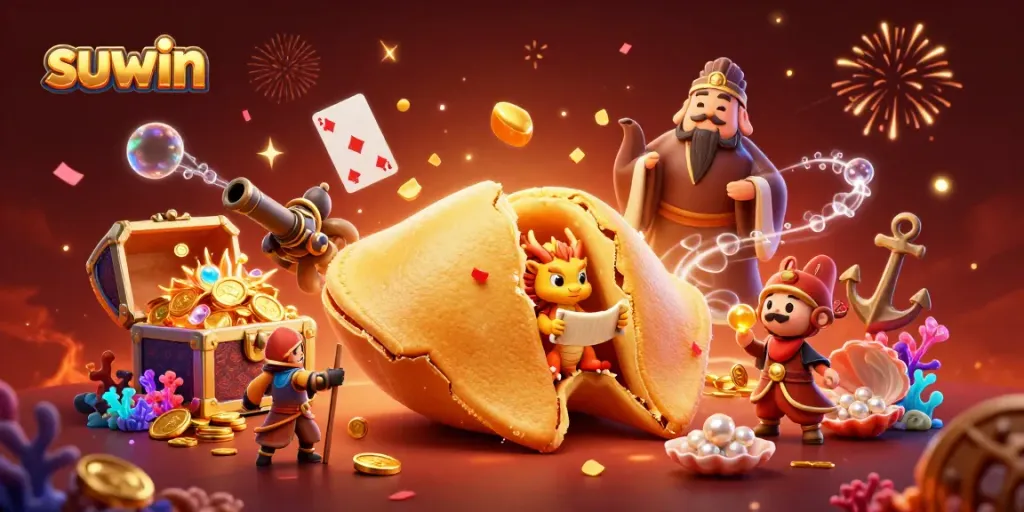 Engage with suwin's mesmerizing world of winnings, featuring a golden fortune cookie and gaming abundance.