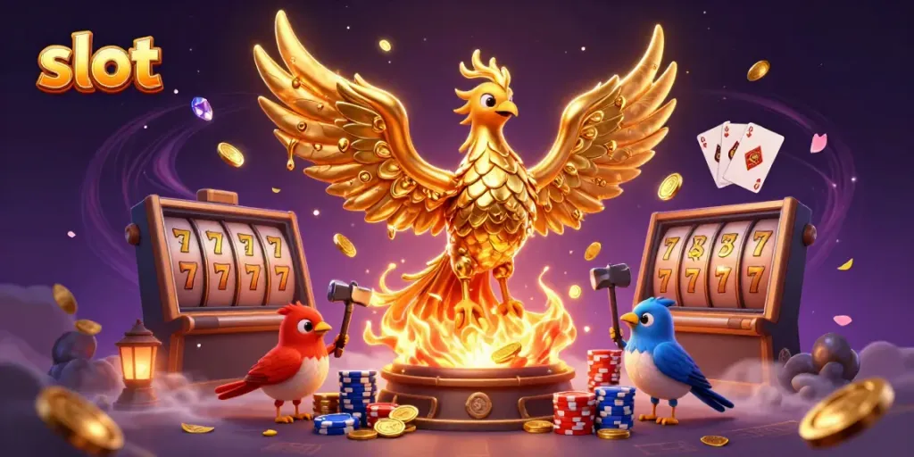 Experience thrilling slot action with vibrant phoenix and spinning reels in a dynamic casino scene.