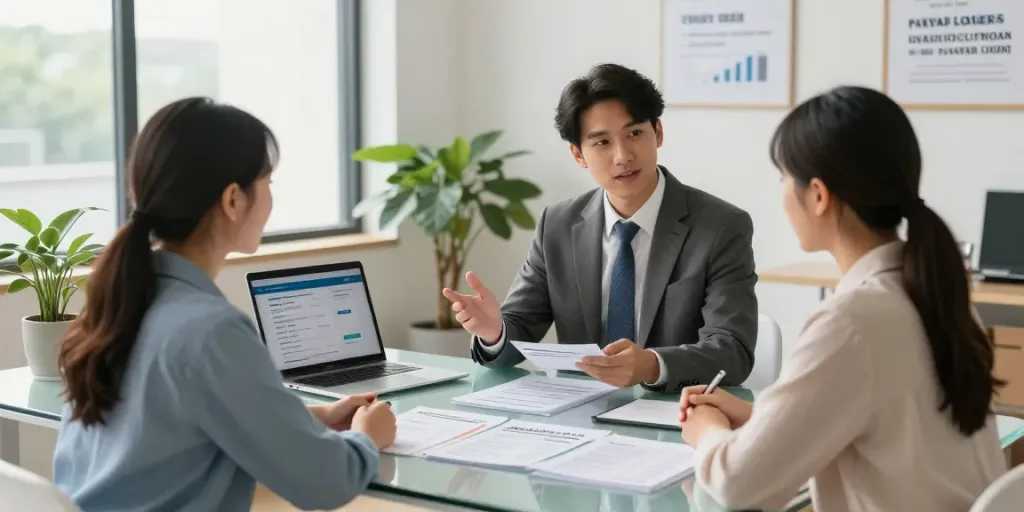 Advising young couple on payday loans in a modern office