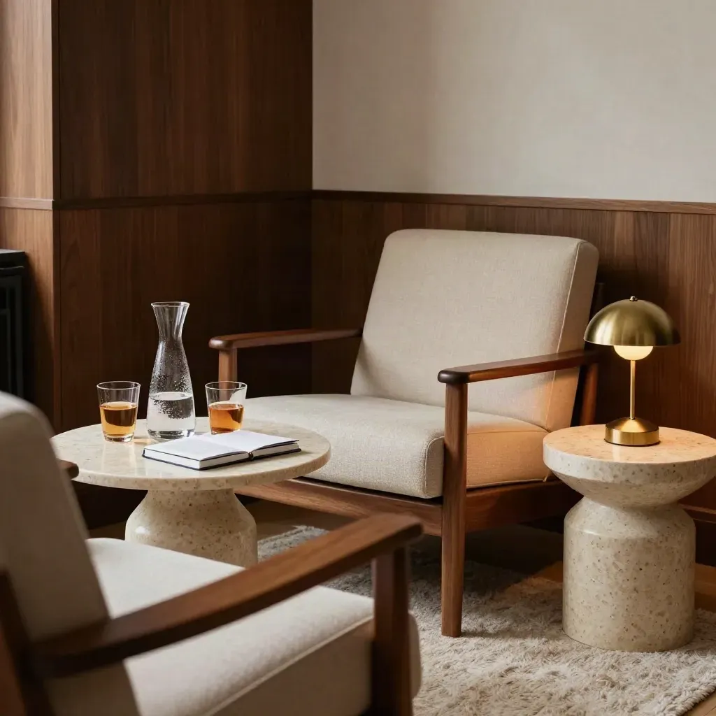 Stille intakehoek met twee stoelen, karaf, glazen, gesloten notitieboek en warme lamp.
