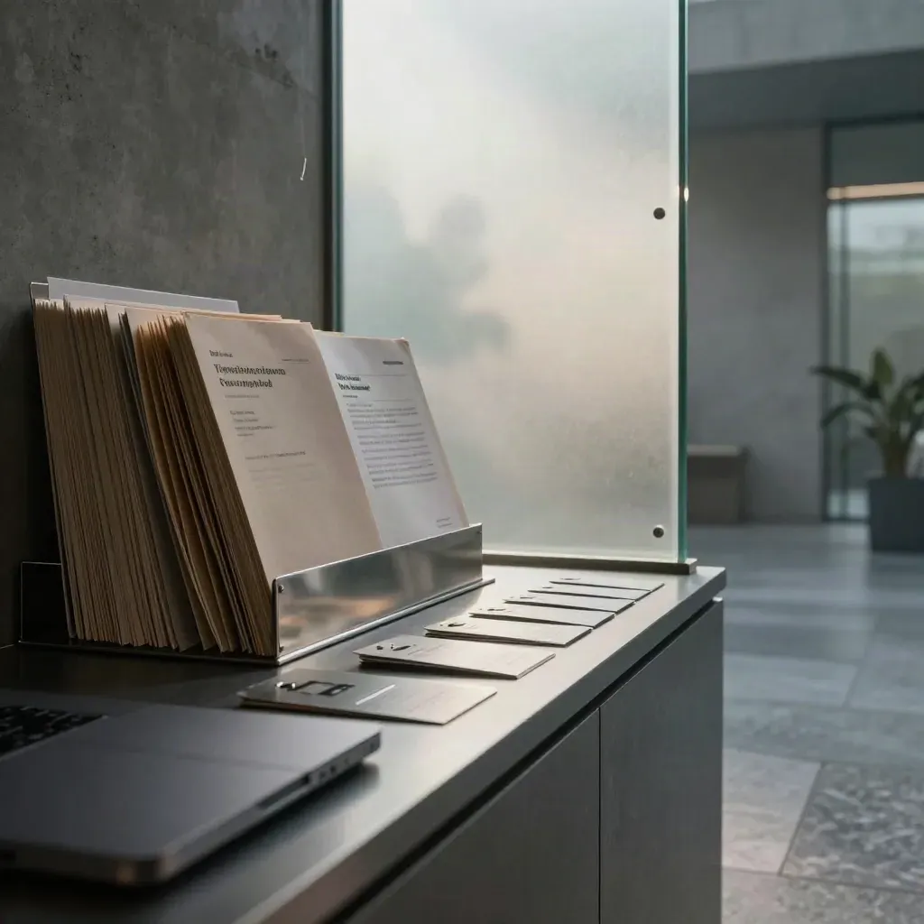 Macro van AI-recruitmentatrium met intakepod, cv-fiches en laptop in ochtendlicht