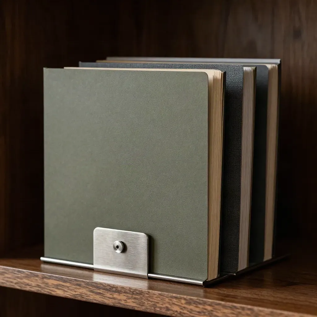 Strakke shortlistmappen in een metalen staander met paperweight in dramatisch licht.