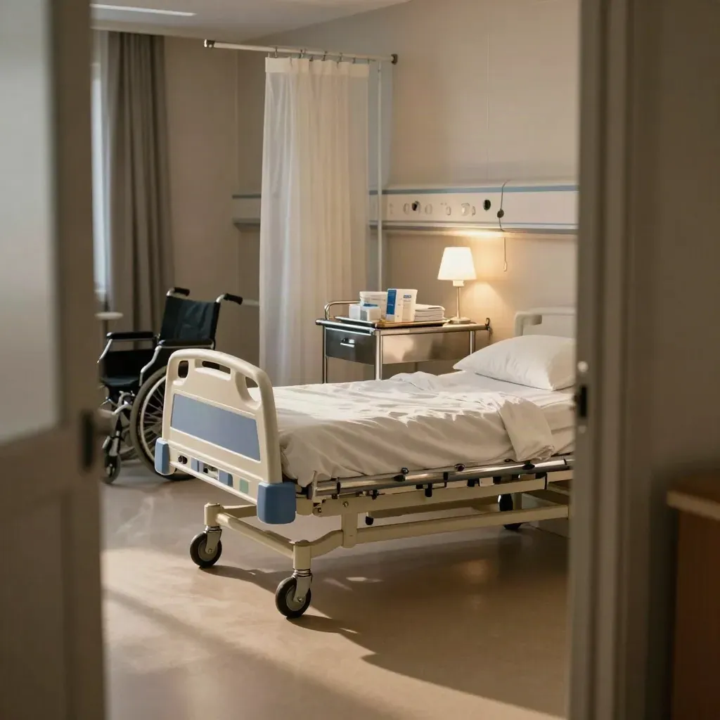 Leeg zorgstation met strak opgemaakt bed, rvs-trolley, rolstoel en warm avondlicht.