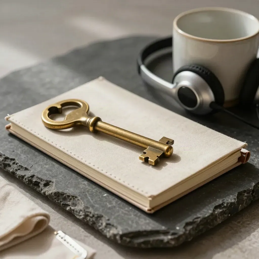 Brass key, gesloten notitieboek, headset en beker op donker steen in macrodetail.