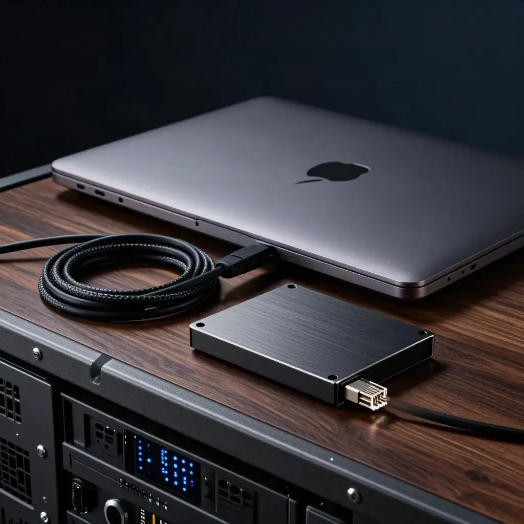Gesloten laptop, netwerkkabel en SSD op zwart metaal met blauw LED-schijnsel.