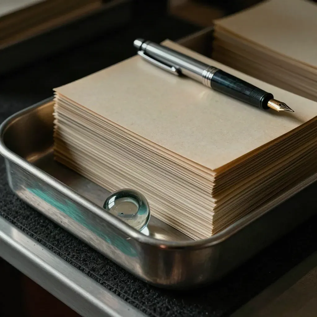 Bovenaanzicht van kaarten in metalen tray met pen en paperweight voor recruitment