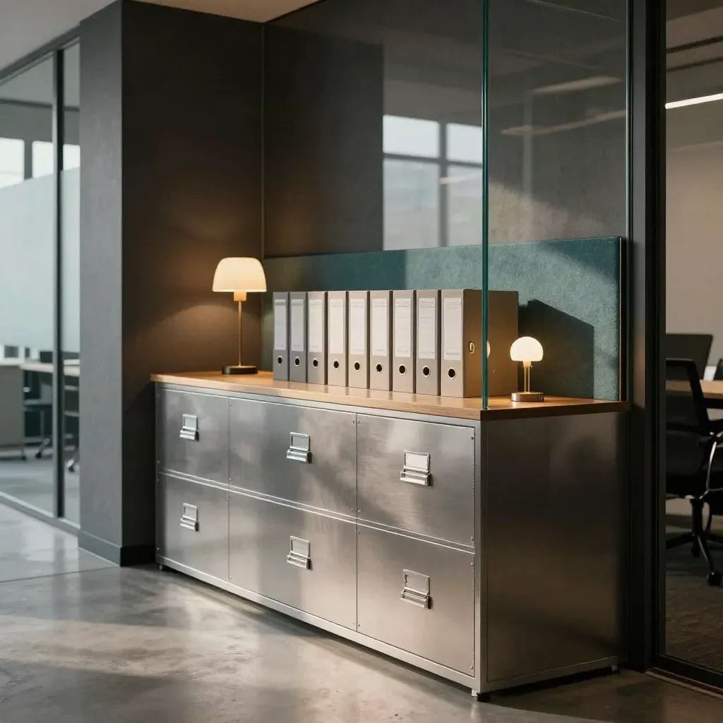 Serene financehoek met glaswand, akoestische panelen, lampen en archiefkast.