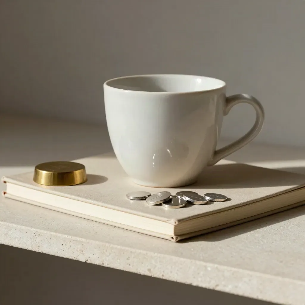 Ceramische koffiekop, intake-notitieboek, messing deurstop en zilveren rol-tokens op een stenen plank.