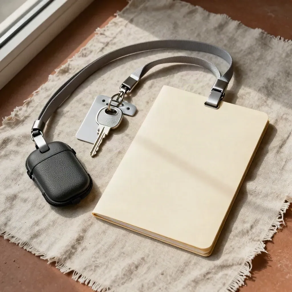 Bovenaanzicht van onboarding-set met badgeclip, lanyard, headsetcase en gesloten map op linnen.