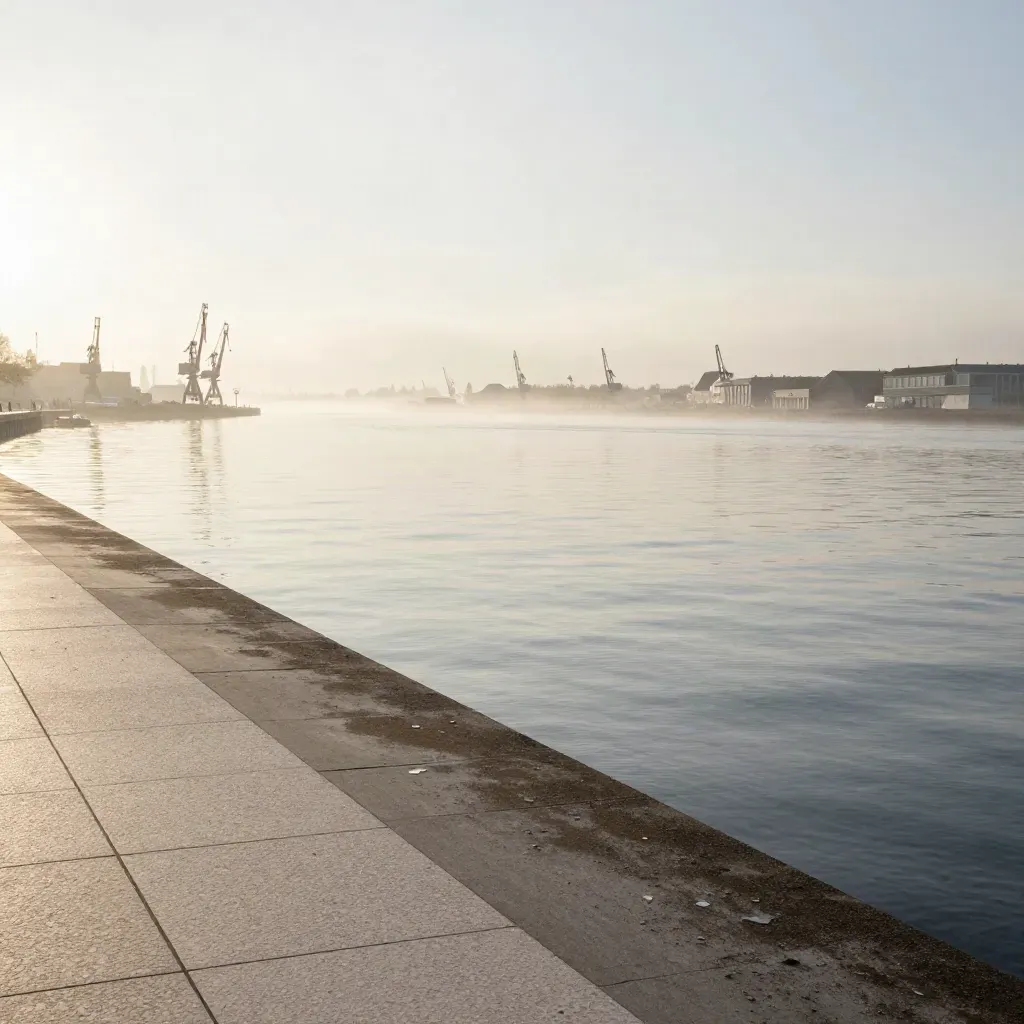 Mistige IJ-oevers met verre havenkranen en rustige waterlijn onder warme ochtendlucht.