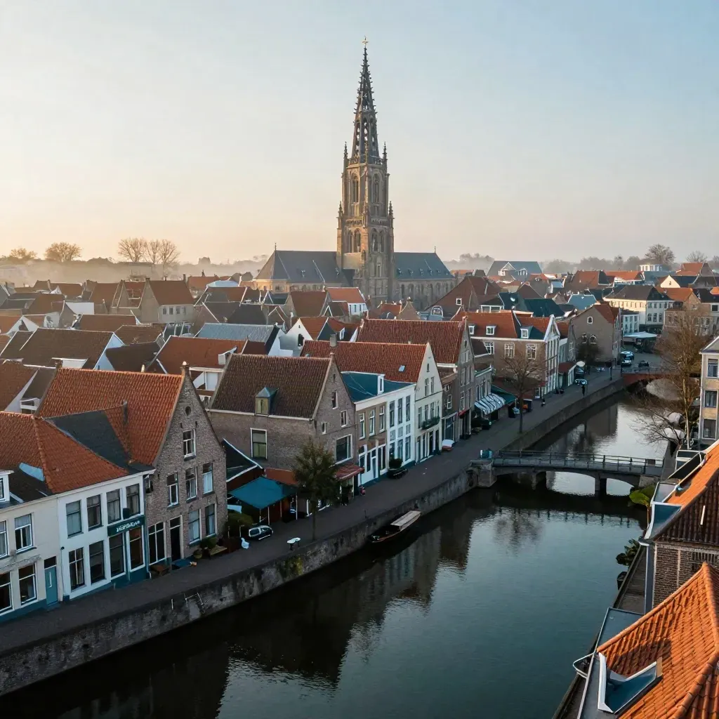 Domtoren boven mistige Utrechtse daken en grachten, met zachte ochtendnevel en rustige copyruimte.