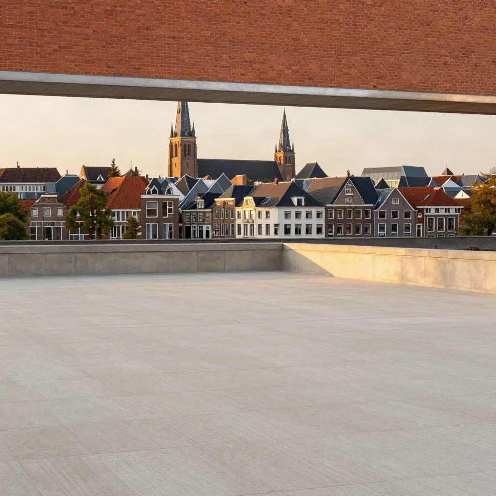 Warme skyline van Brabantse steden boven een rustige stenen ondergrond voor kopij.