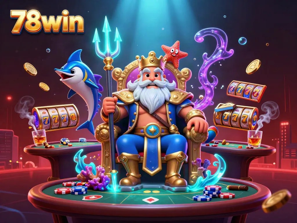 Experience thrilling gameplay with 78win's vibrant online casino featuring Neptune, poker chips, and jackpot symbols.