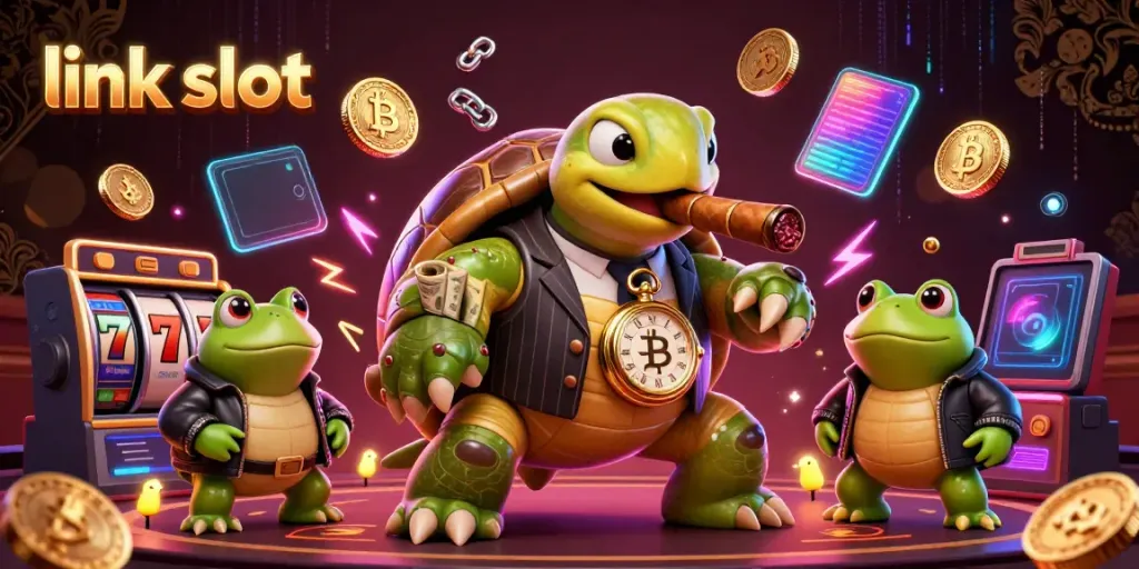 Experience thrilling gameplay with link slot at the vibrant casino scene featuring a turtle and bullfrogs.