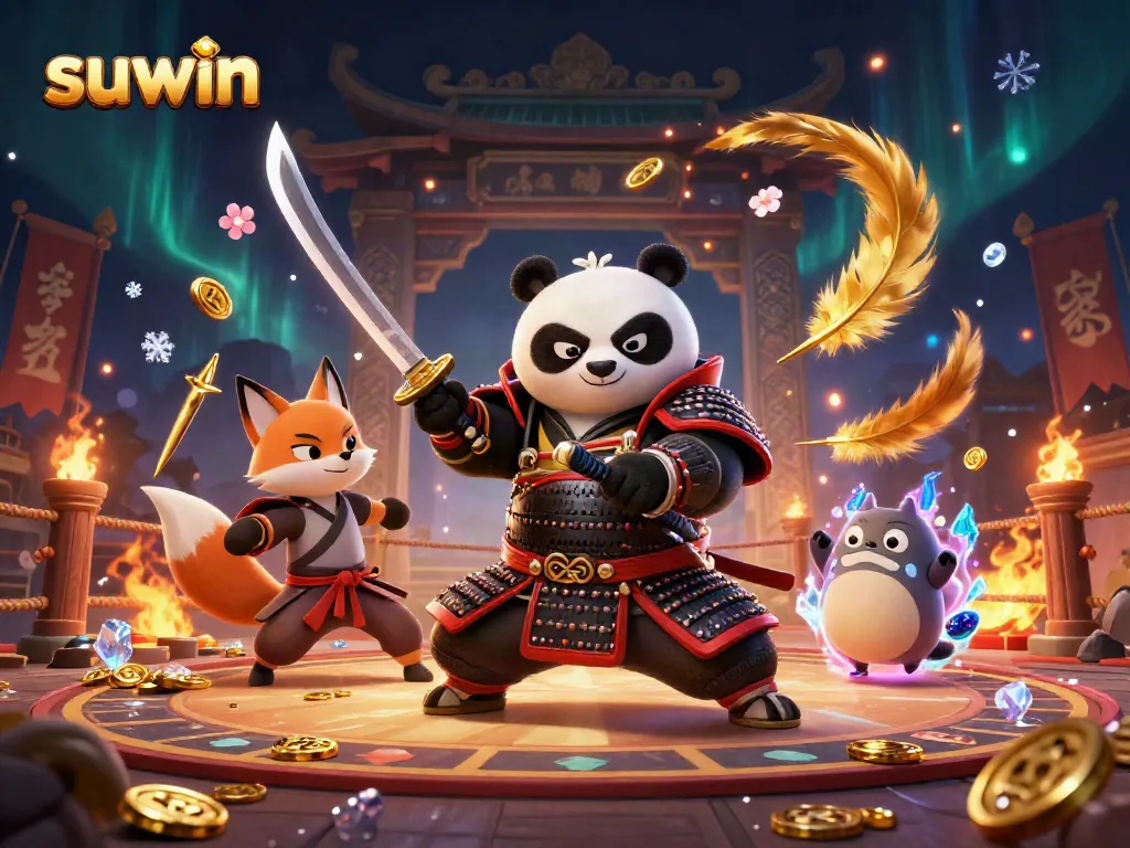 Suwin's interactive 3D casino scene showcasing characters amidst swirling golden elements and a vibrant backdrop.