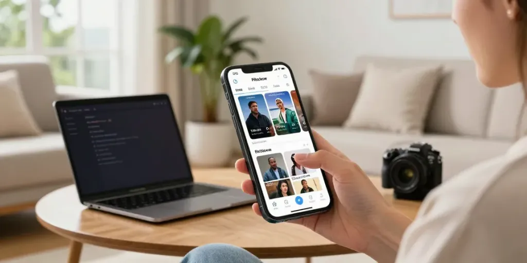Pikashow for iOS streaming interface displayed on an iPhone in a cozy living room setting.