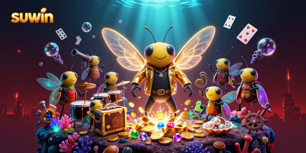 Engage with suwin's vibrant gaming scene featuring colorful characters amidst an underwater treasure.