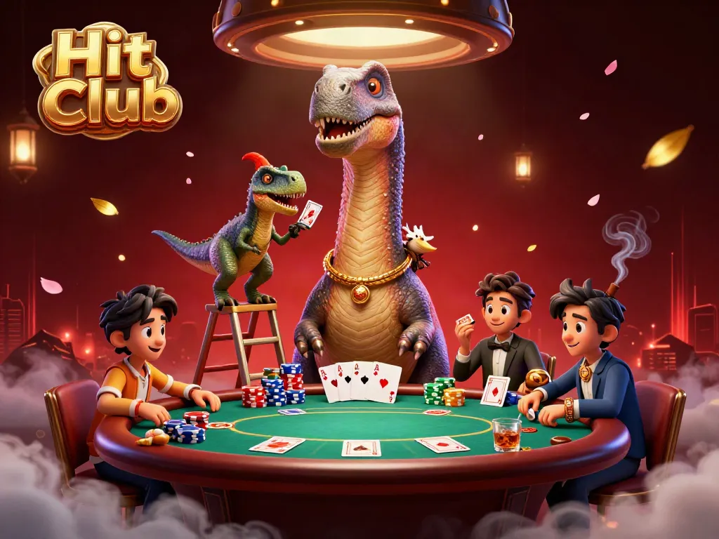 Engage with the exciting Hit Club casino scene featuring a brontosaurus and a raptor at a poker table.